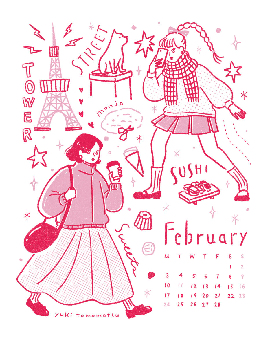 イラストレーター トモマツユキ シンプル イラスト 線画 カレンダー待受 旅ガール 東京 旅イラスト